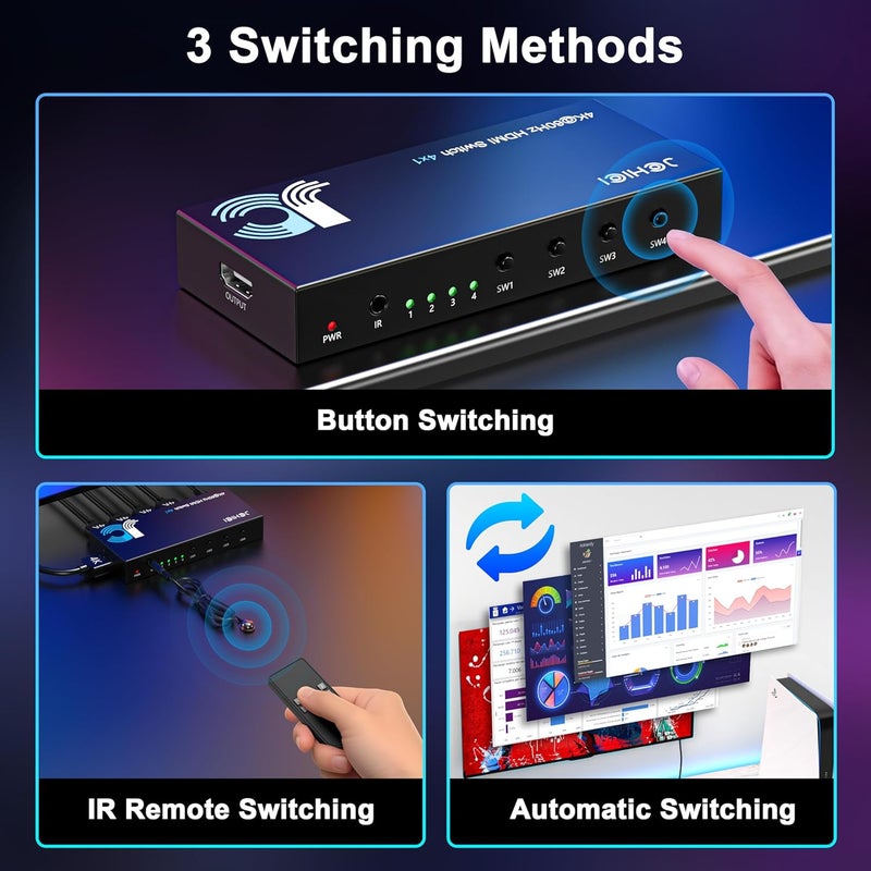 JCHICI HDMI Switch 4 in 1 Out 4K@60Hz, 4 Ports HDMI Switcher Splitter Selector with Remote, Support HDCP 2.2 HDR 10+ Dolby Vision/Atmos 18Gbps CEC for Apple TV Game PC PS4 5 Pro Xbox Roku - Image 4